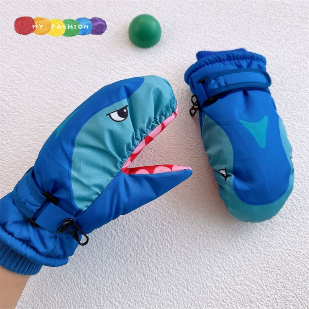 Outdoor Sport For Kids - Cartoon Children Ski Gloves Shark Pattern